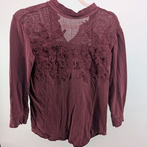 Free People Wine Burgundy Crochet Floral Long Sleeve Top